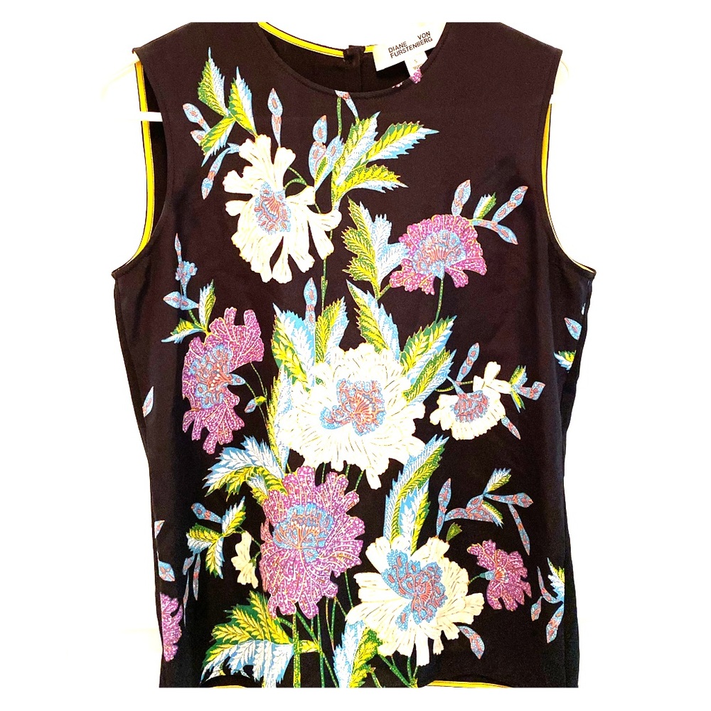 DVF Floral-Print Silk Shell Top, Black Multicolor